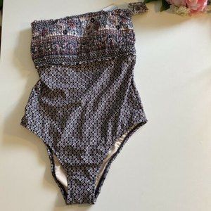 NWT Kona Sol Swimsuit Women M One Piece Black Pink Strapless Floral Gather M